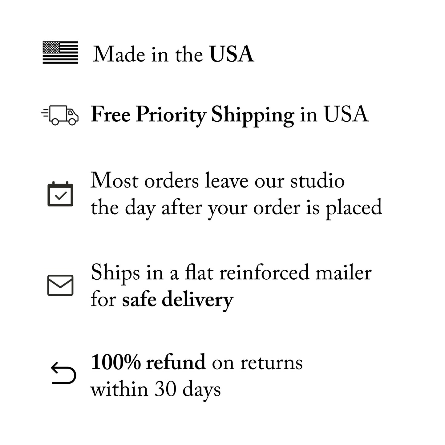 Text detailing shipping and return policies on a white background