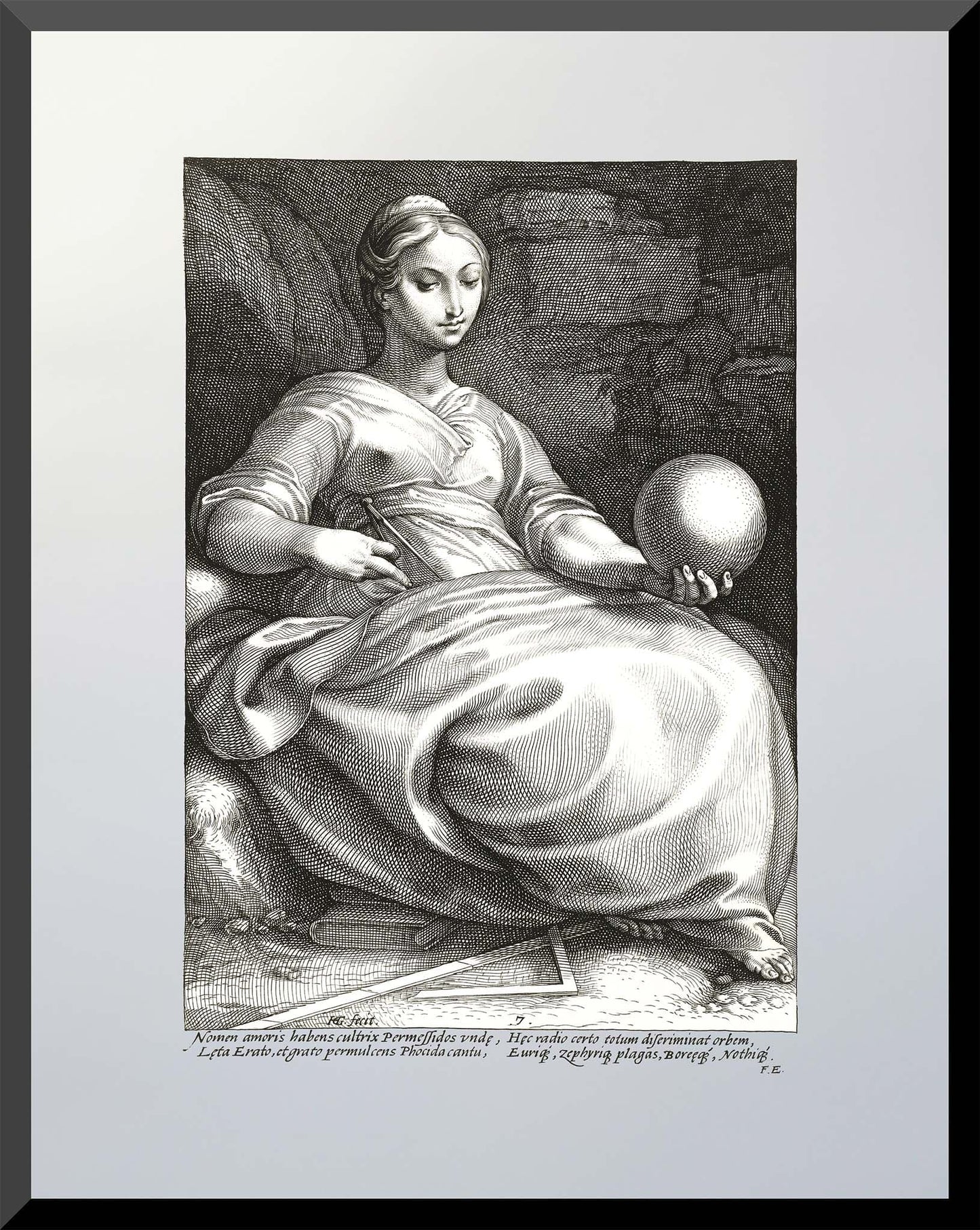Engraving of Erato, muse of love and poetry, seated with globe – 1592 print by Goltzius