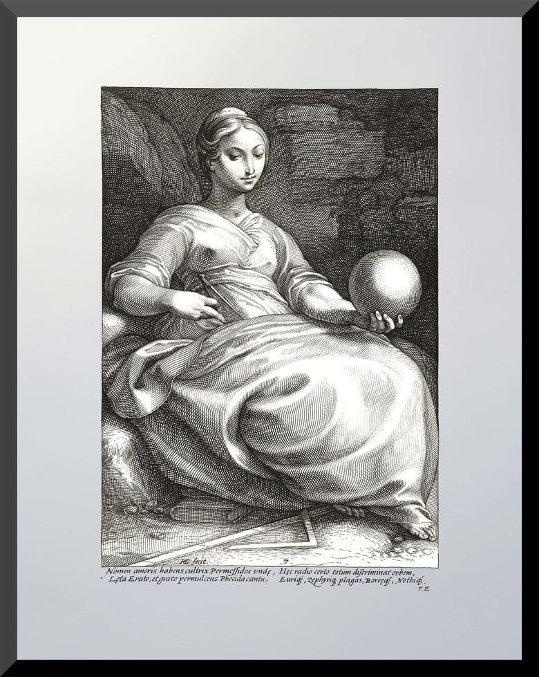 Engraving of Erato, muse of love and poetry, seated with globe – 1592 print by Goltzius