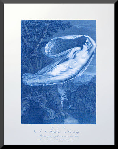 Engraving of Echo hovering above a river with Narcissus watching from below