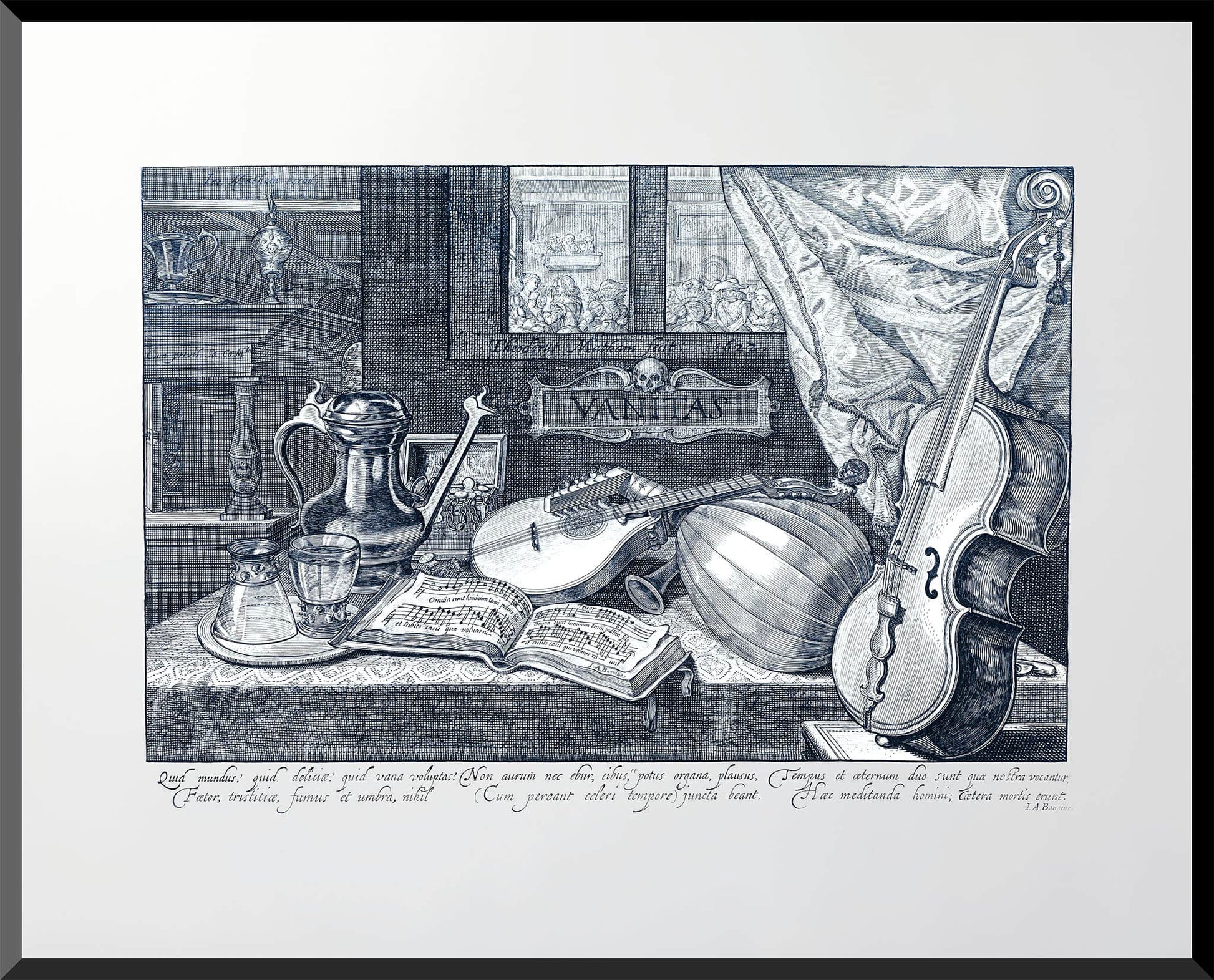 Baroque still life engraving with musical instruments and vanitas symbols from 17th century