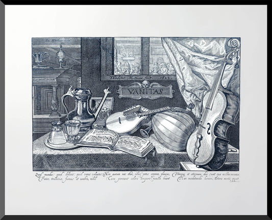 Baroque still life engraving with musical instruments and vanitas symbols from 17th century