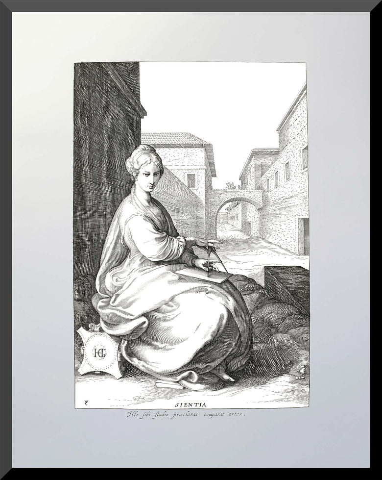 Engraving of a seated woman, a allegorical figure of science, holding a compass.