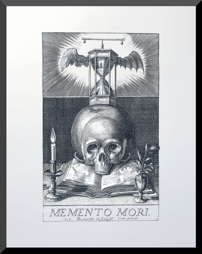 11x14 Memento mori engraving with skull, candle, and winged hourglass, 1626