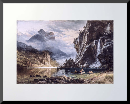 11x14 art print of Indian men spear fishing in a canoe beneath cliffs and waterfall