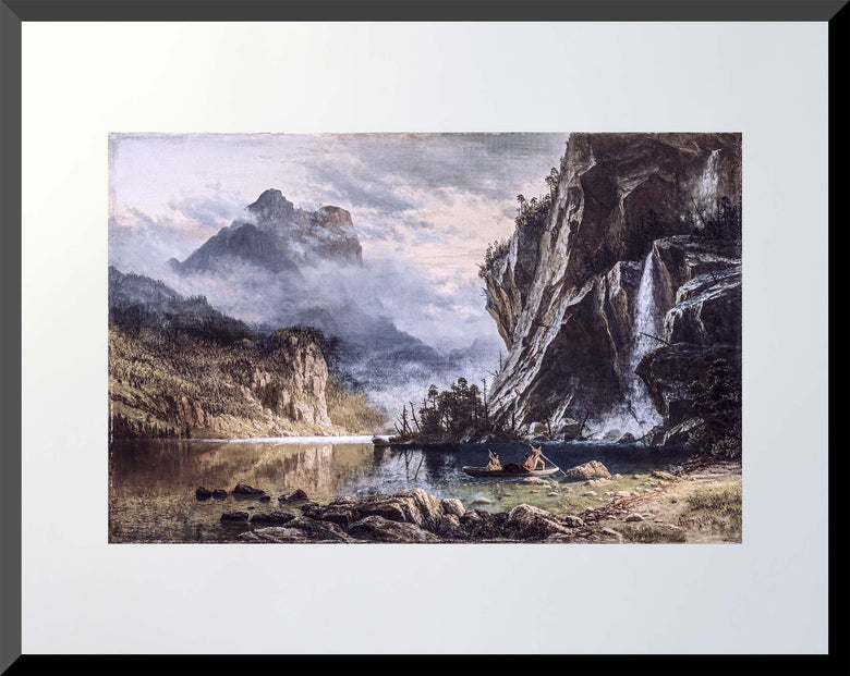 11x14 art print of Indian men spear fishing in a canoe beneath cliffs and waterfall