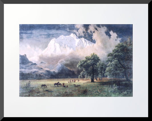 16x20 Art print of Mount Adams, 1875 landscape with Native Americans and horses in a valley meadow.