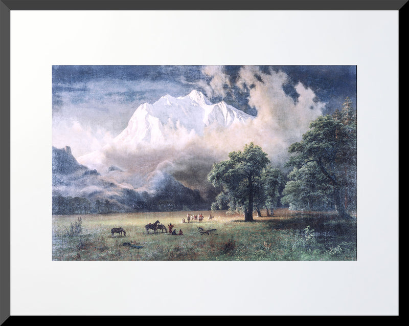 16x20 Art print of Mount Adams, 1875 landscape with Native Americans and horses in a valley meadow.