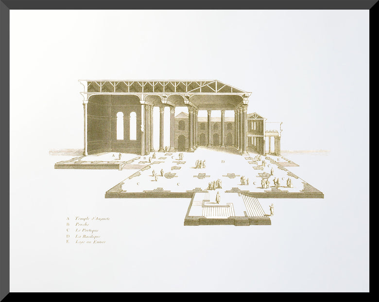 Architectural etching of a cross-section of the Temple of Augustus in Rome
