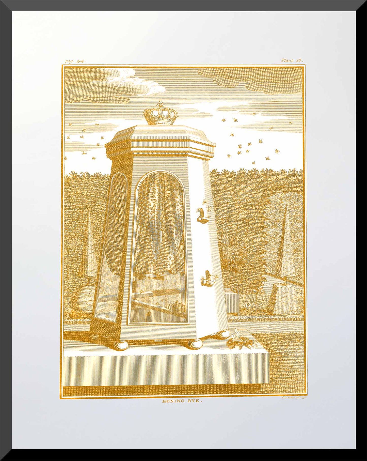 Etching of a crowned beehive surrounded by bees in a formal garden
