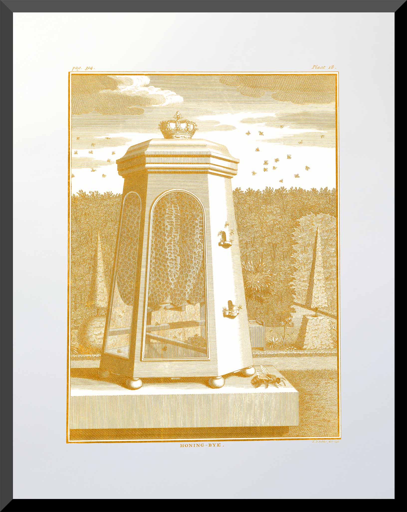 Etching of a crowned beehive surrounded by bees in a formal garden