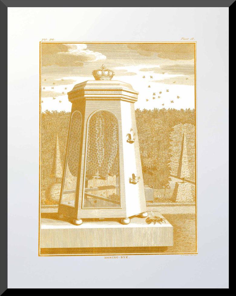 Etching of a crowned beehive surrounded by bees in a formal garden