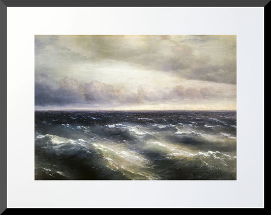 Stormy ocean with dark waves and a cloudy sky