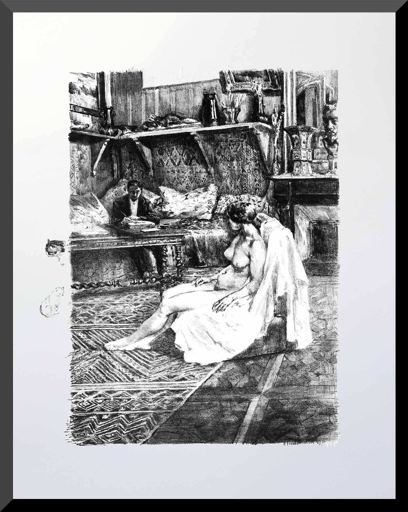 11x14 Art print of a French lithograph showing an artist sketching a seated female model in studio