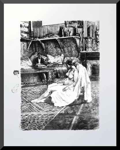 11x14 Art print of a French lithograph showing an artist sketching a seated female model in studio