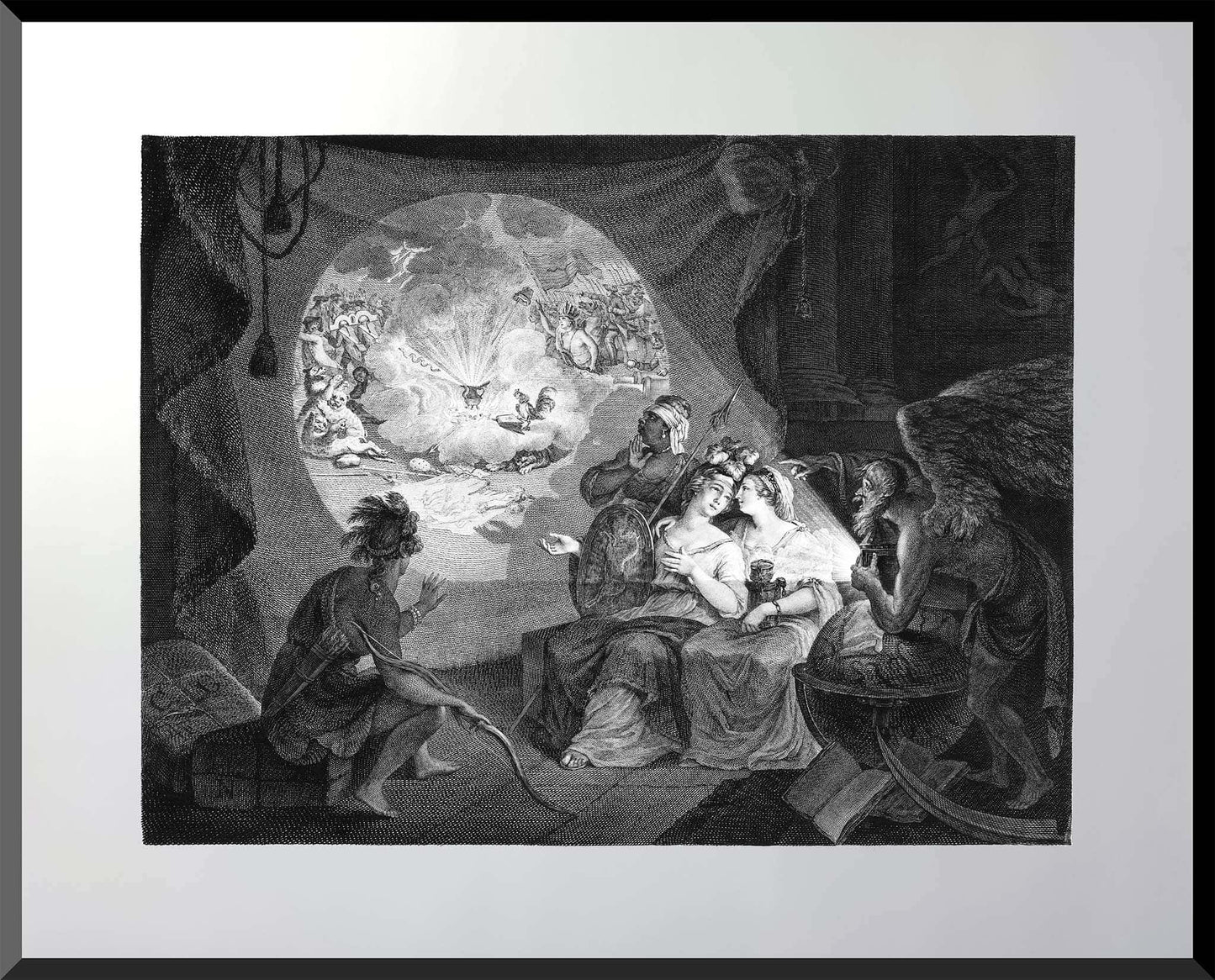 Etching of Father Time showing the American Revolution in a lantern with continents personified