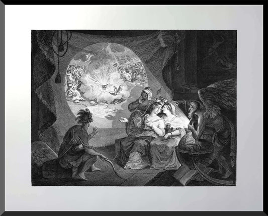 Etching of Father Time showing the American Revolution in a lantern with continents personified