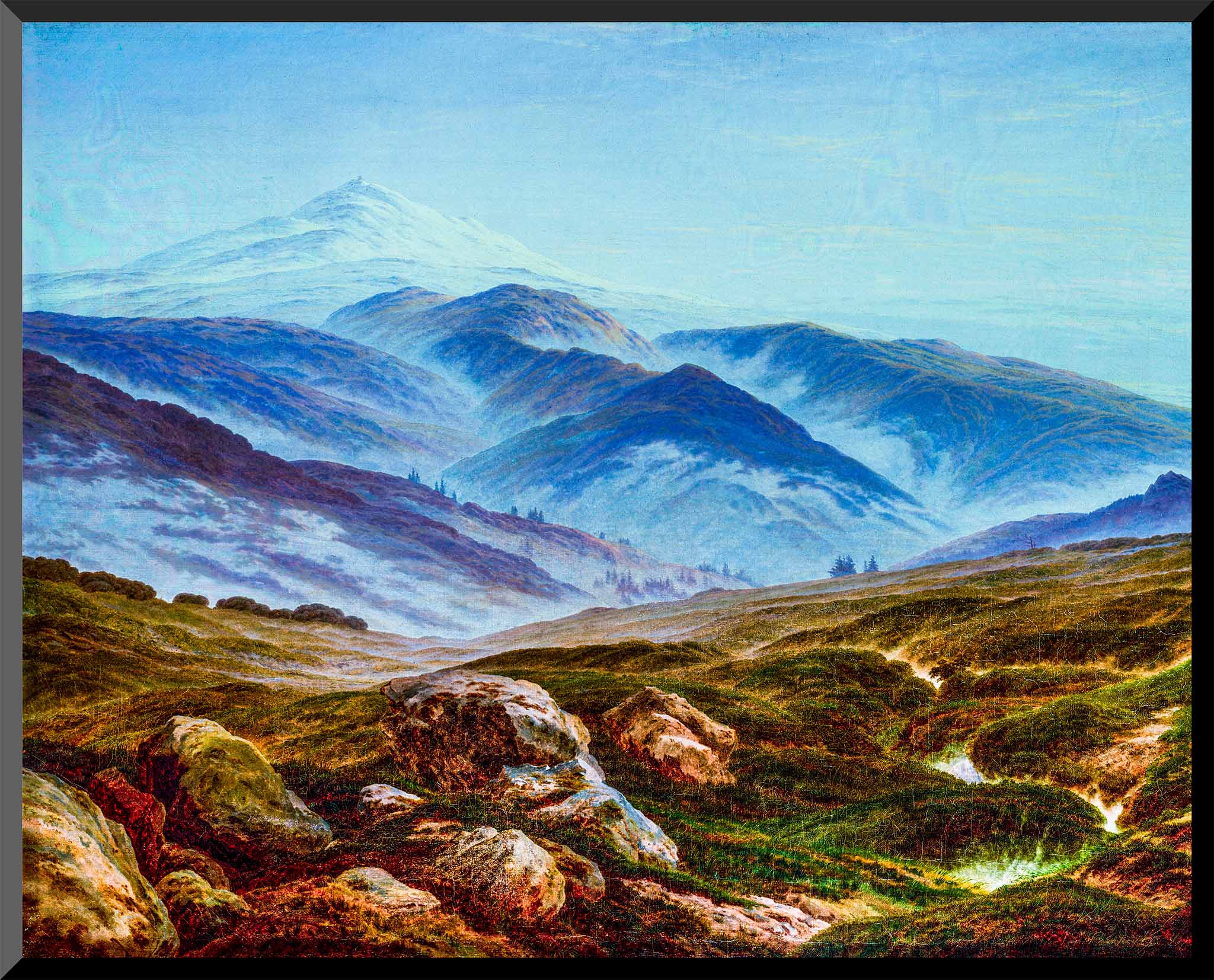 16x20 art print of vivid mountain landscape with glowing grass, bright mist, and blue ridges