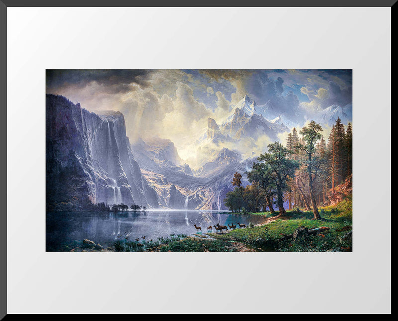 Art print of California wilderness with deer, trees, and snow-capped mountains
