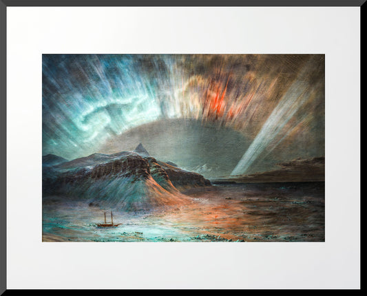 16x20 wall art print of aurora borealis over Arctic landscape with ship in icy waters.