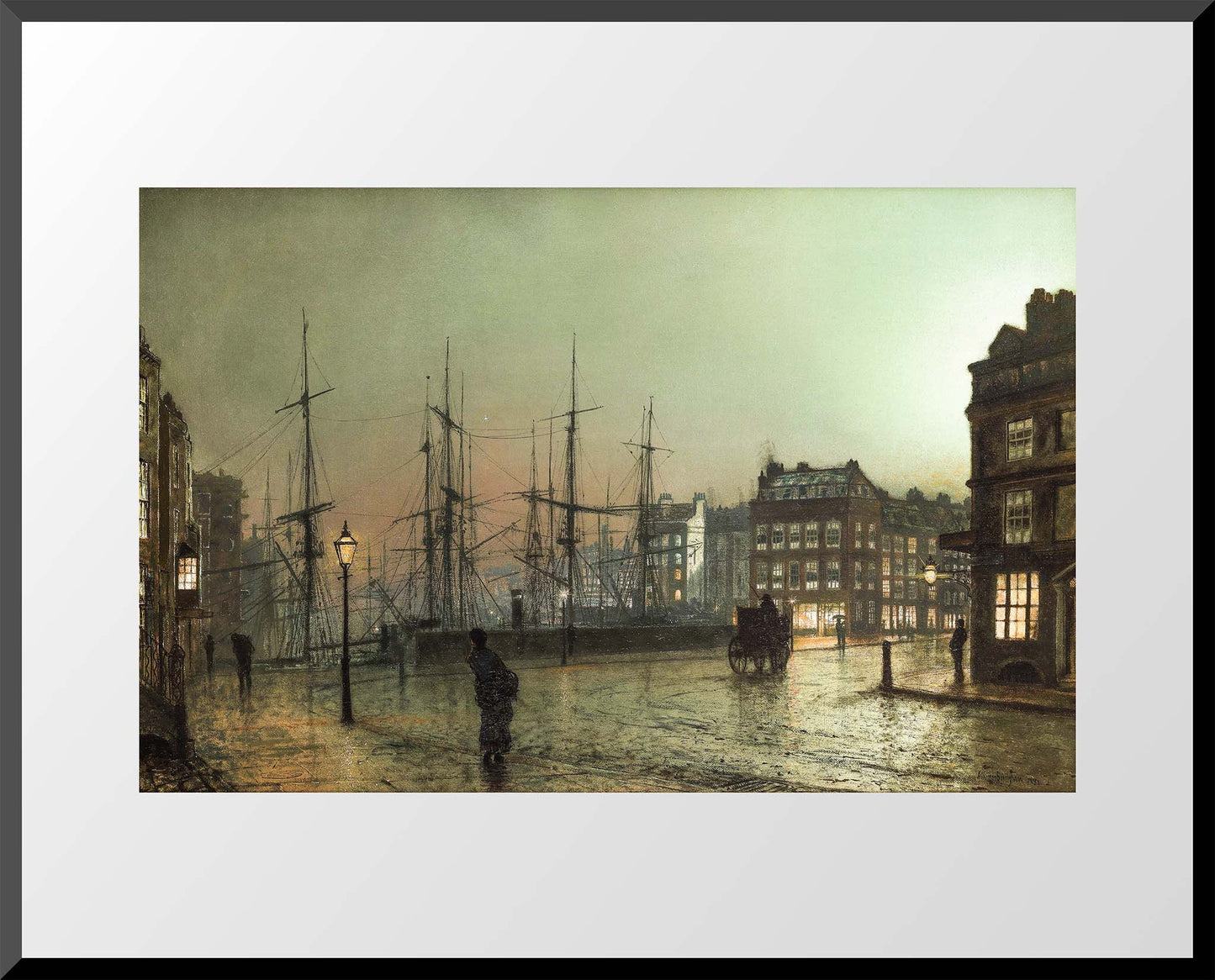 16x20 art print of a Victorian harbor scene at night with streetlamps, ships, and wet cobblestone streets