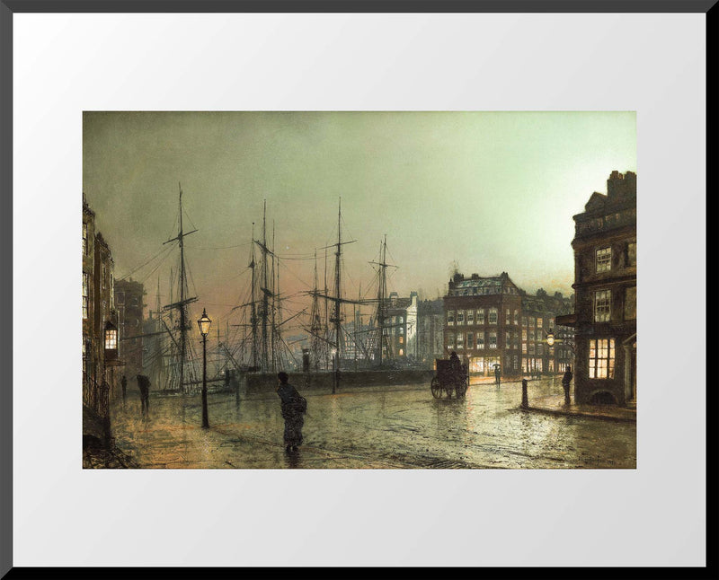 16x20 art print of a Victorian harbor scene at night with streetlamps, ships, and wet cobblestone streets