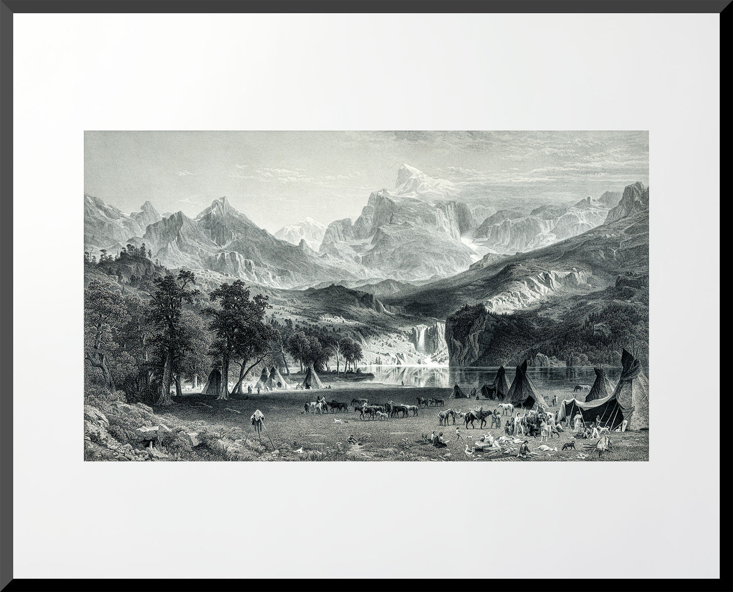 Restored 1883 engraving of the Rocky Mountains with native encampments and mountain peaks