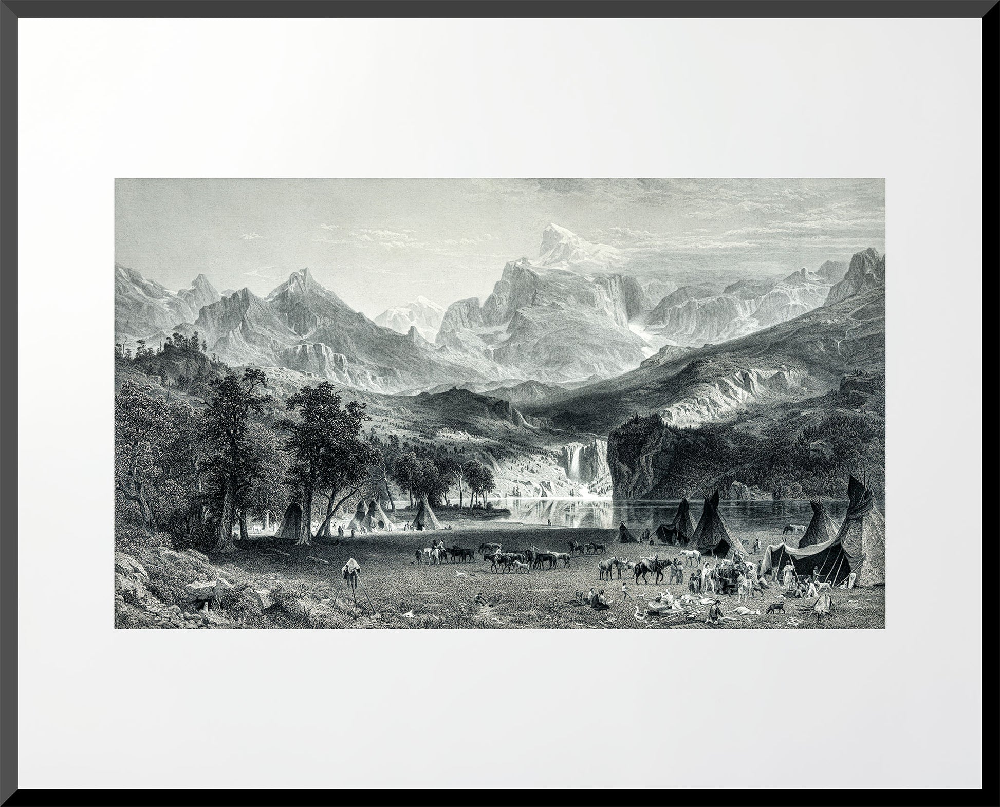Restored 1883 engraving of the Rocky Mountains with native encampments and mountain peaks