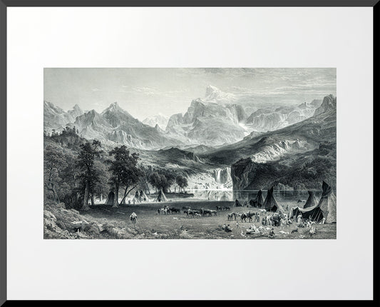 Restored 1883 engraving of the Rocky Mountains with native encampments and mountain peaks