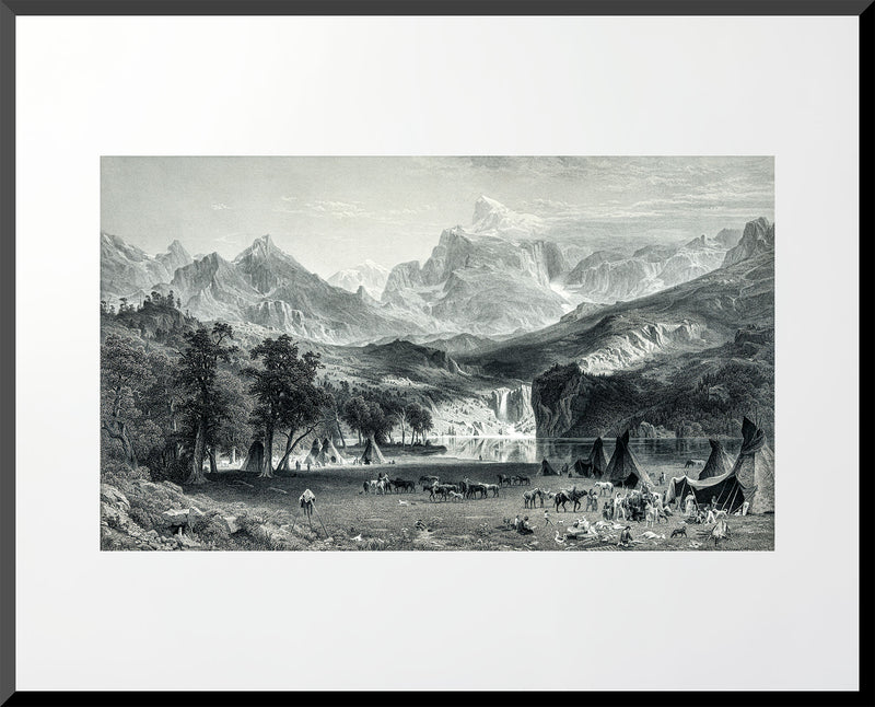 Restored 1883 engraving of the Rocky Mountains with native encampments and mountain peaks