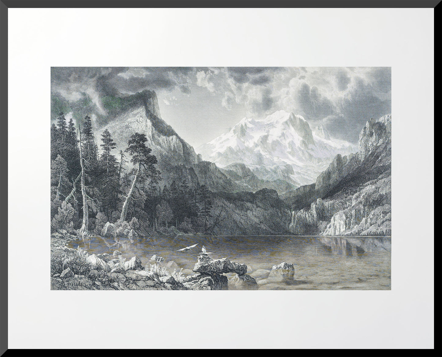 Engraving of Silver Lake California, 16x20 landscape art print based on 1867 work by Bierstadt