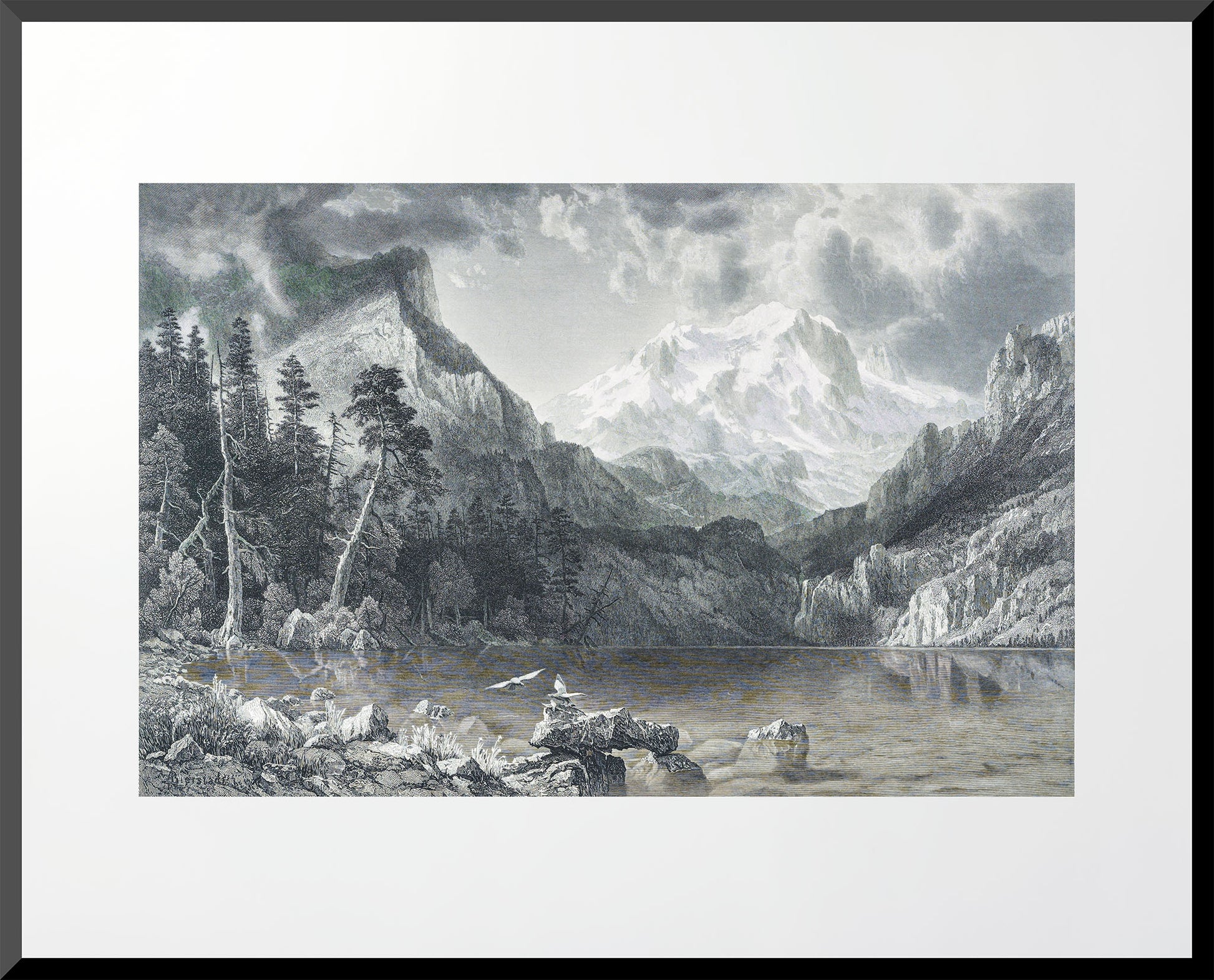 Engraving of Silver Lake California, 16x20 landscape art print based on 1867 work by Bierstadt