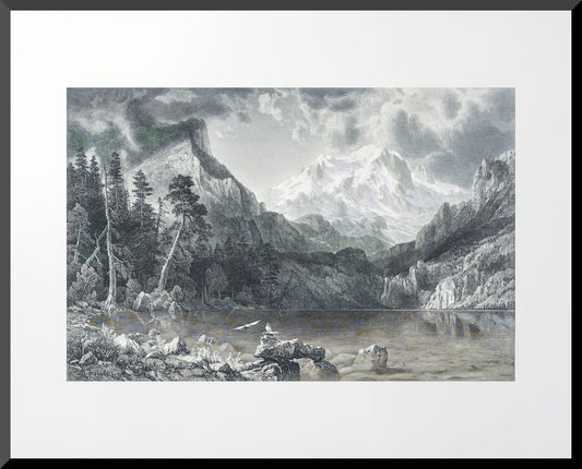 Engraving of Silver Lake California, 16x20 landscape art print based on 1867 work by Bierstadt