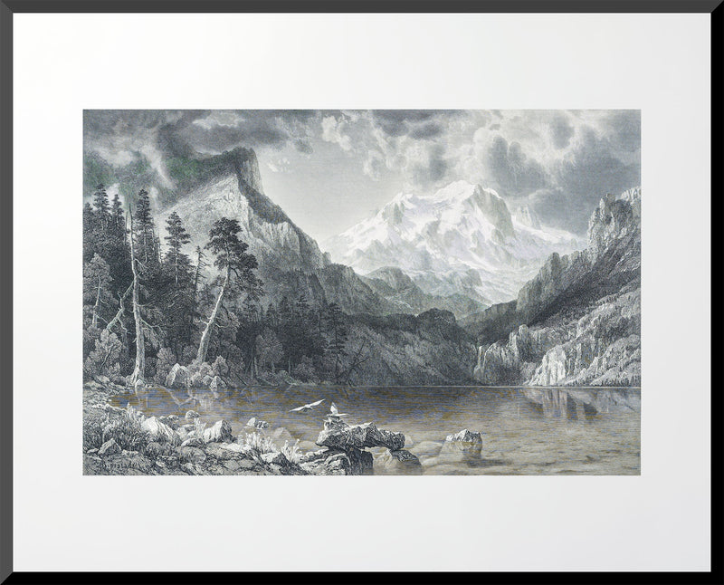 Engraving of Silver Lake California, 16x20 landscape art print based on 1867 work by Bierstadt