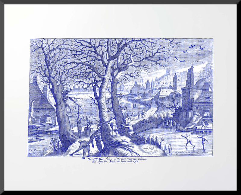 16x20 print of a winter scene with lumberjacks working and villagers skating on frozen water.