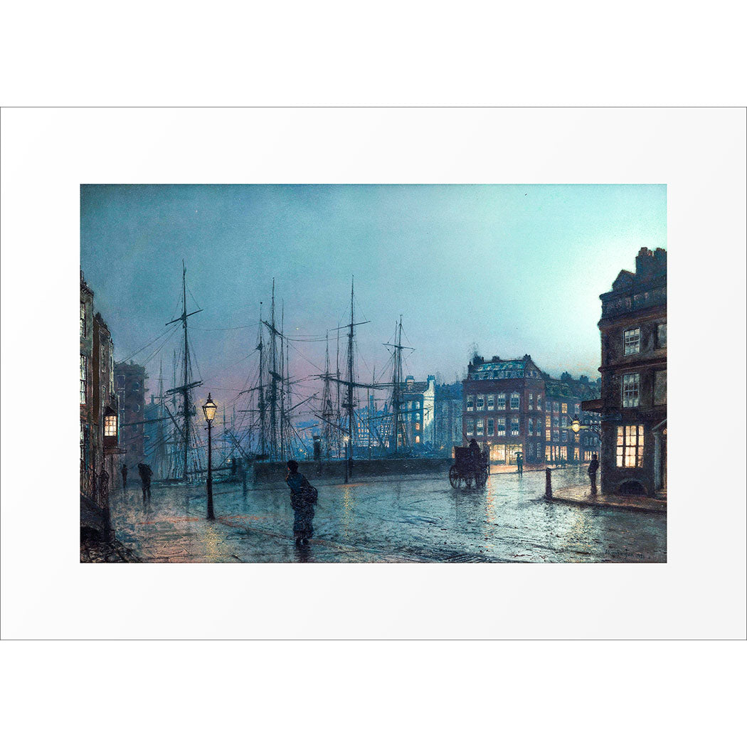 5x7 art print of a Victorian harbor scene at night with streetlamps, ships, and wet cobblestone streets