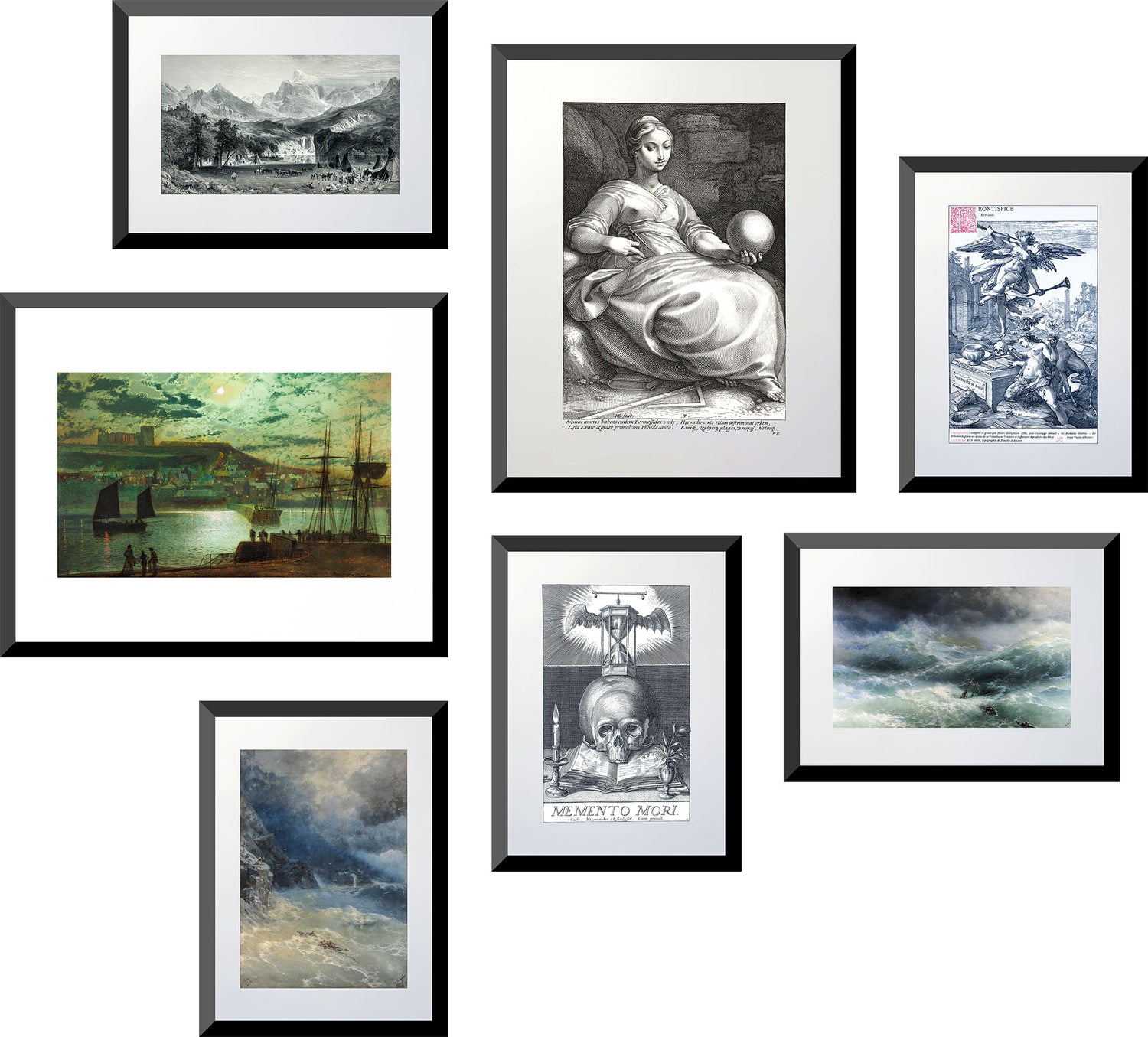 Collection of framed artworks on a white wall