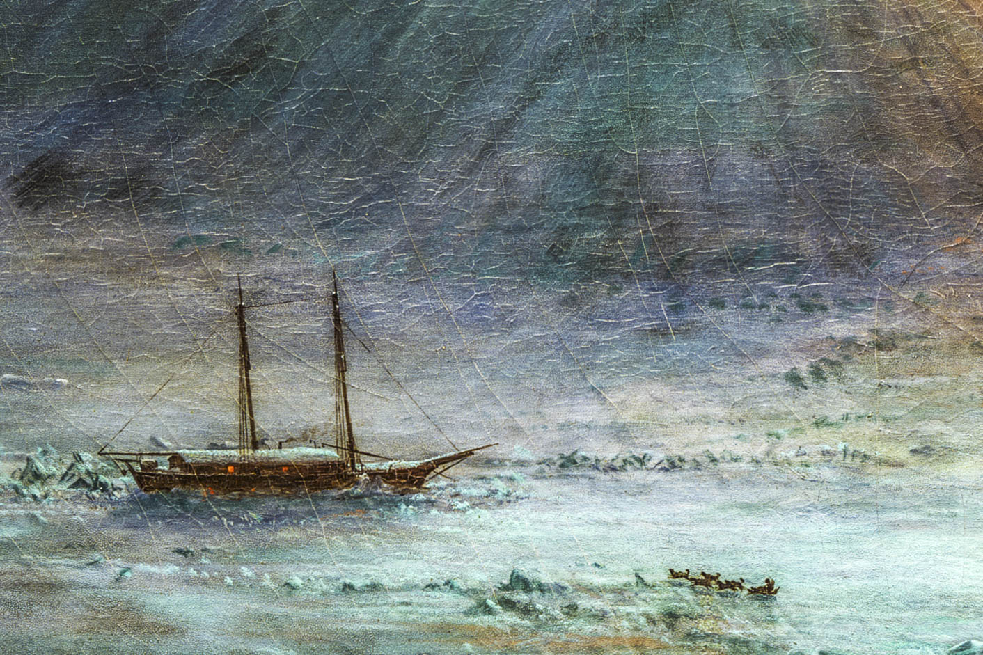 Painting of a ship frozen on arctic waters and a team of sled dogs.