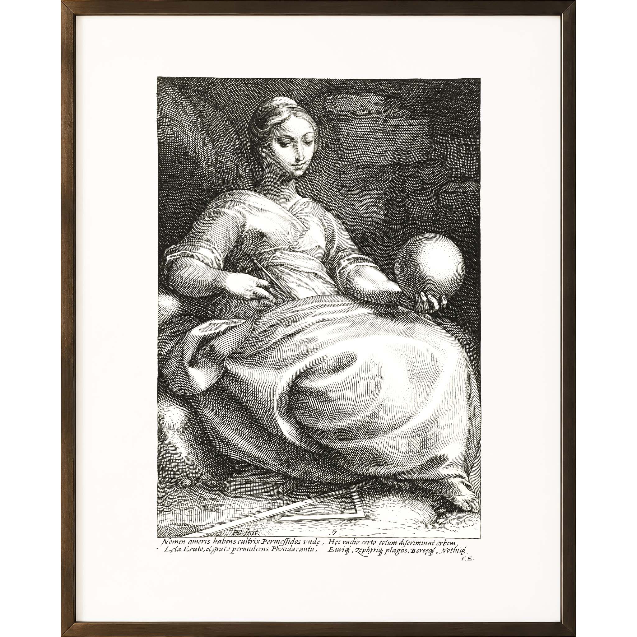 Hendrick Goltzius's Erato (1592), a black-and-white engraving showing a seated classical figure holding a globe and measuring compasses, with a set square at her feet.