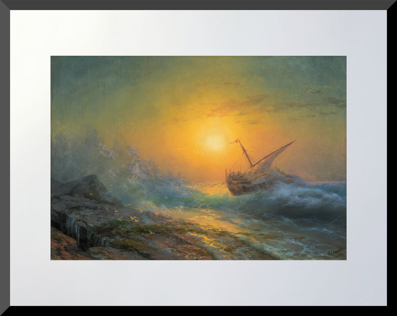 Painting of a ship in distress on rough waters with a bright sun in the background