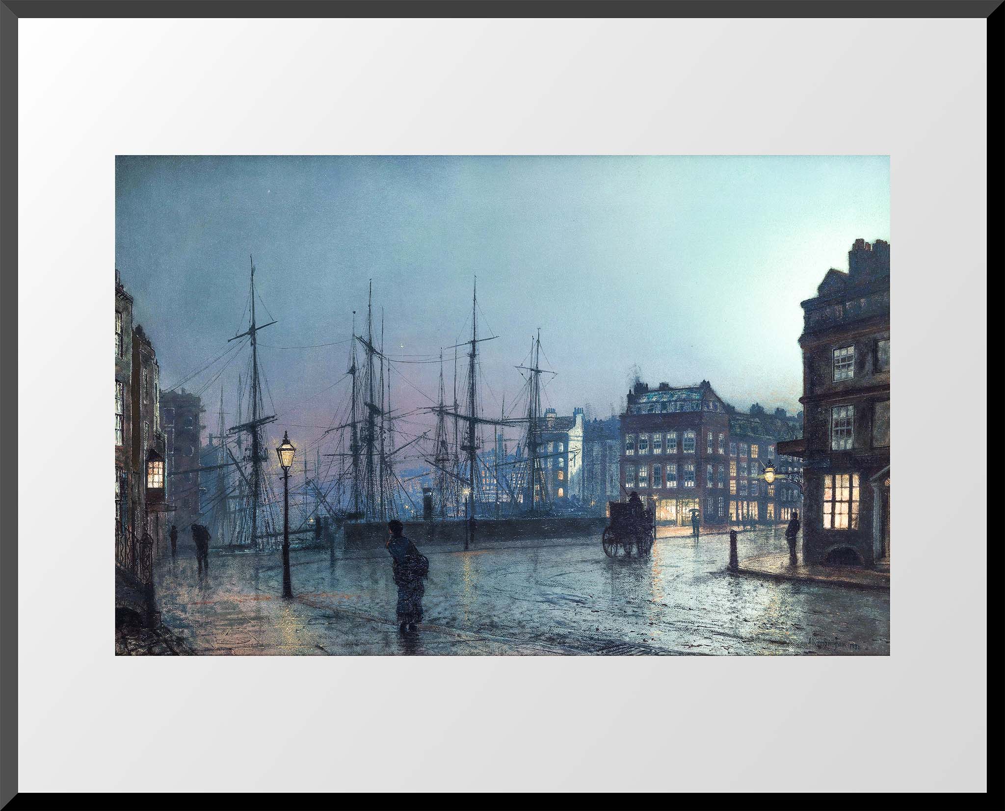 Art print of a Victorian harbor scene at night with streetlamps, ships, and wet cobblestone streets