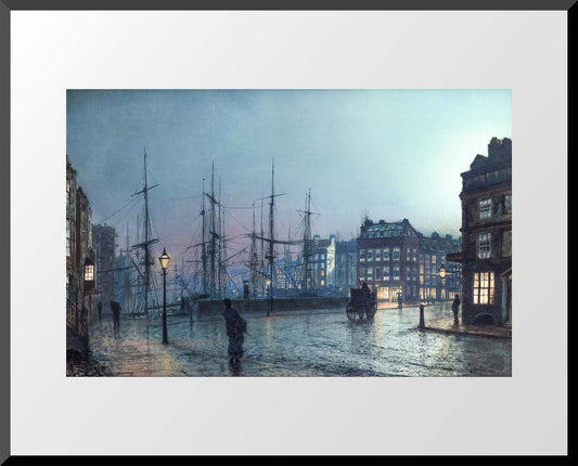 Art print of a Victorian harbor scene at night with streetlamps, ships, and wet cobblestone streets