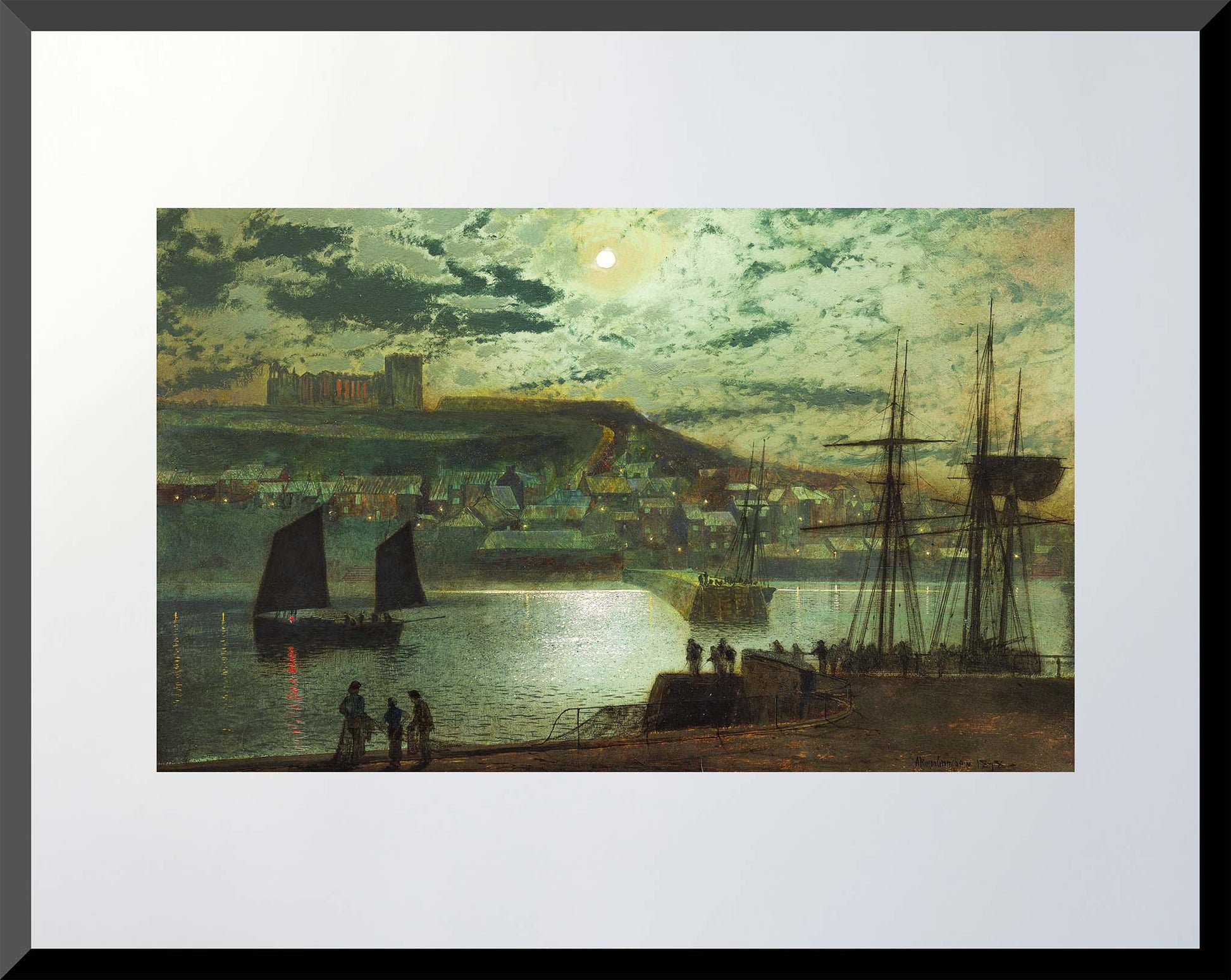 11x14 art print of a moonlit 1878 harbor scene with ships and coastal town