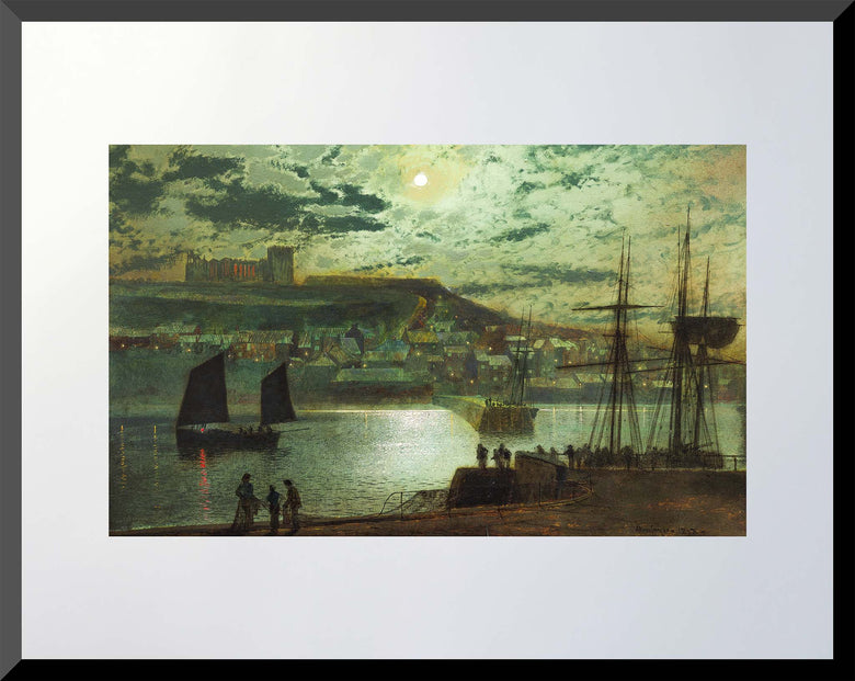 11x14 art print of a moonlit 1878 harbor scene with ships and coastal town
