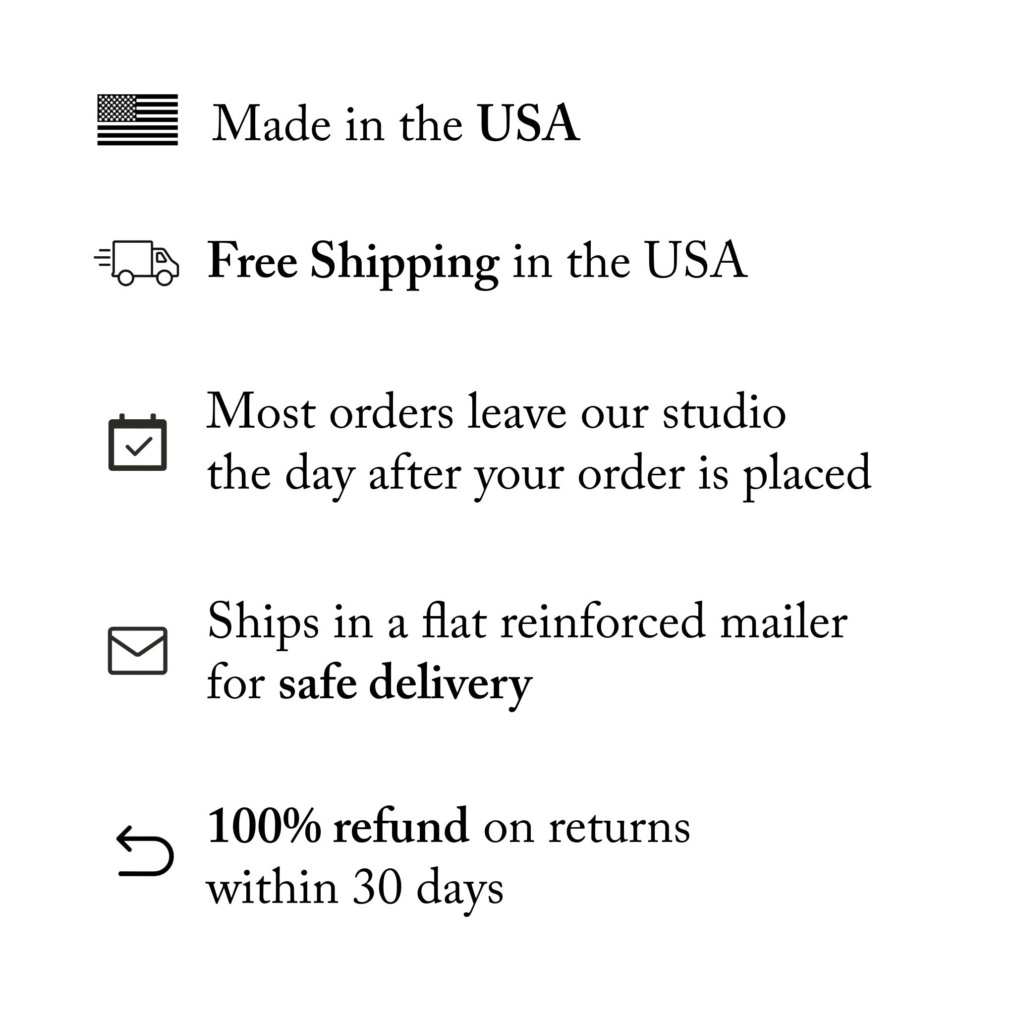Text detailing shipping and return policies on a white background