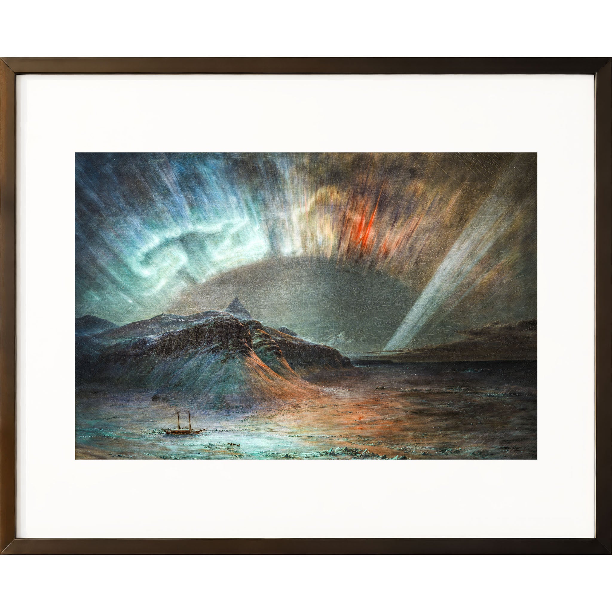 16x20 wall art print of aurora borealis over Arctic landscape with ship in icy waters.