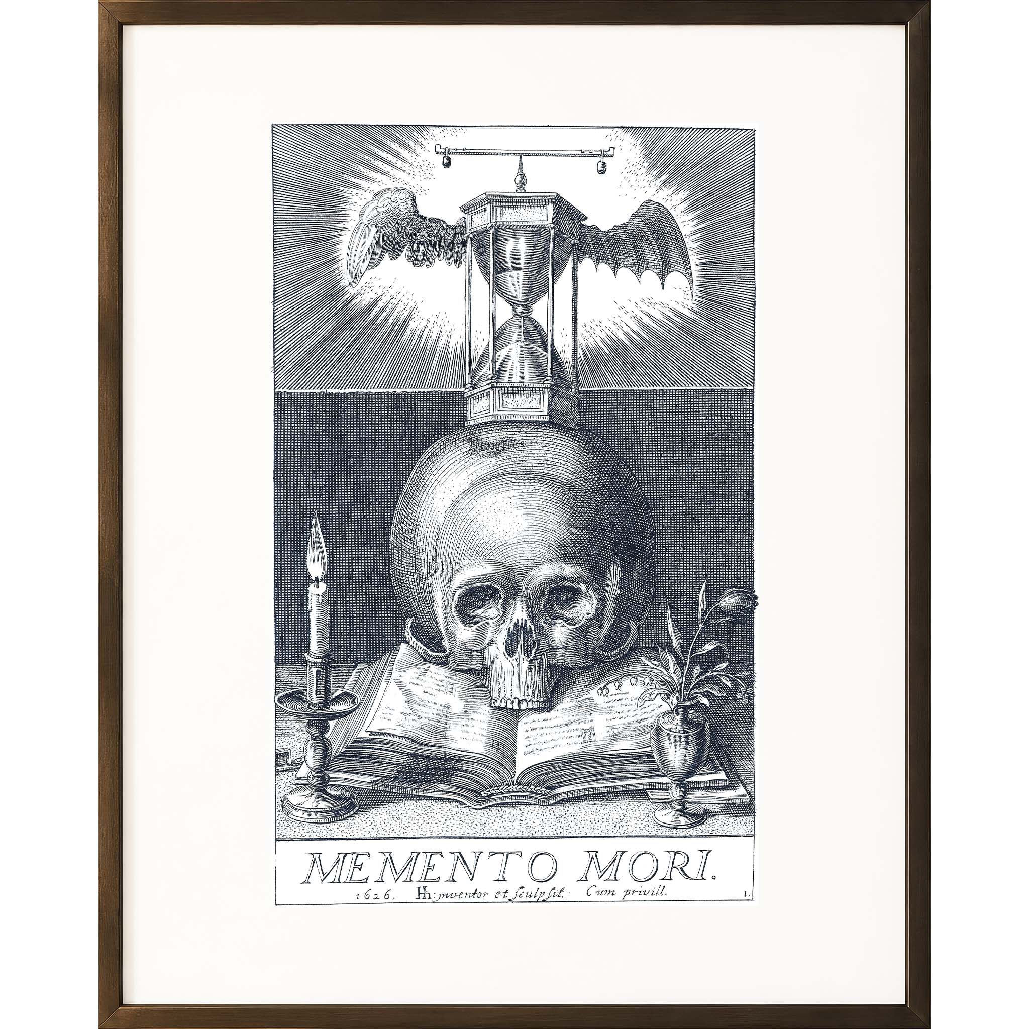 11x14 Memento mori engraving with skull, candle, and winged hourglass, 1626