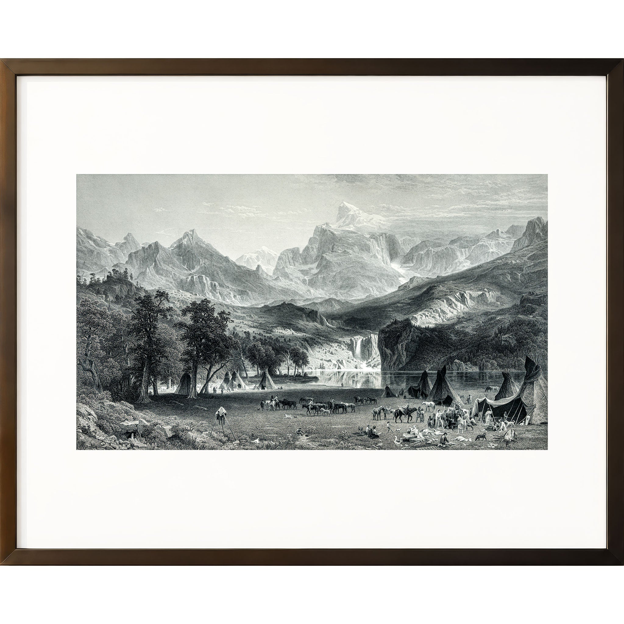 Restored 1883 engraving of the Rocky Mountains with native encampments and mountain peaks