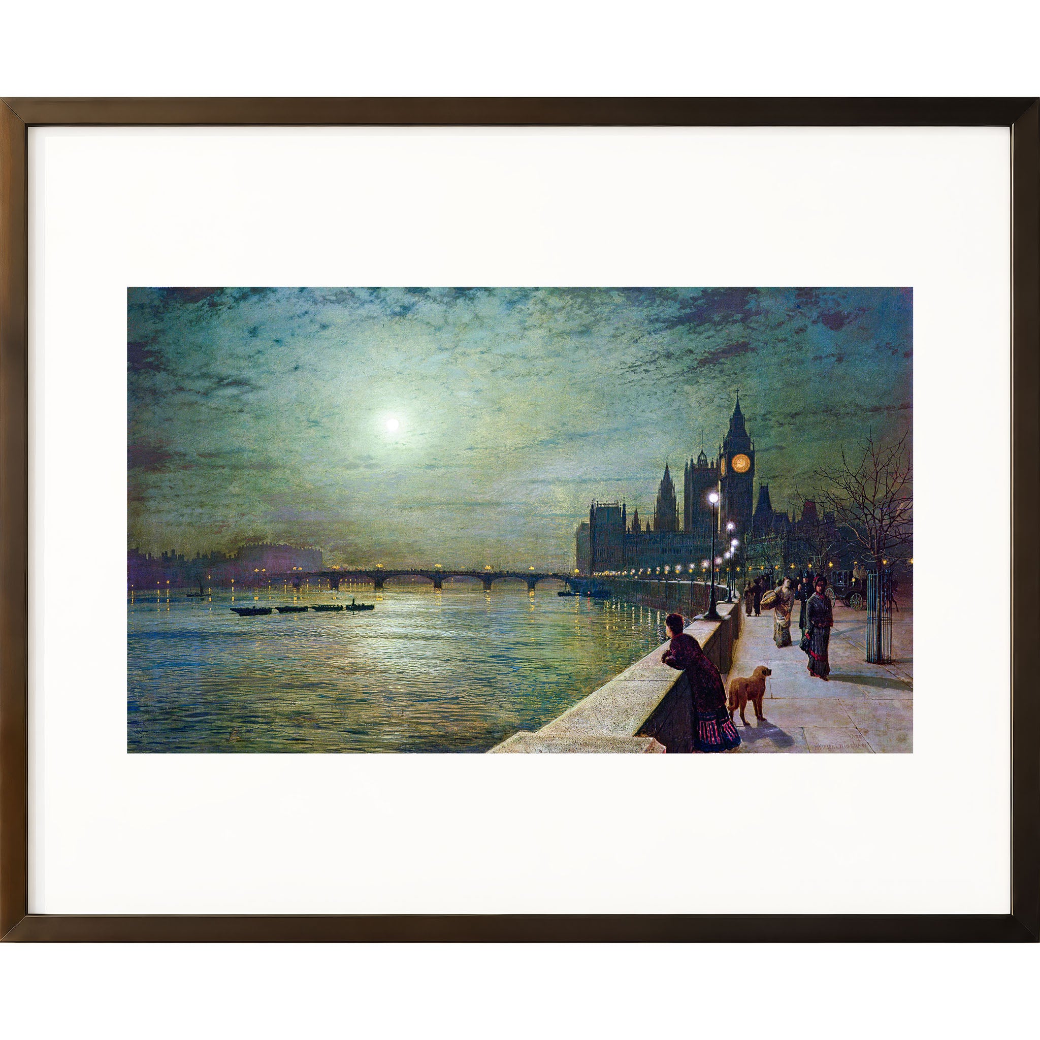 Victorian London nocturne by John Atkinson Grimshaw, with a glowing moon, illuminated Westminster clock tower, and lights reflected across the River Thames.